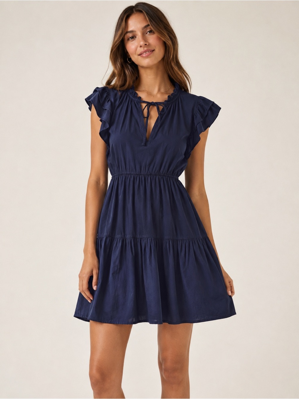 Stark X Navy Ruffle Sleeve Tiered Mini Dress